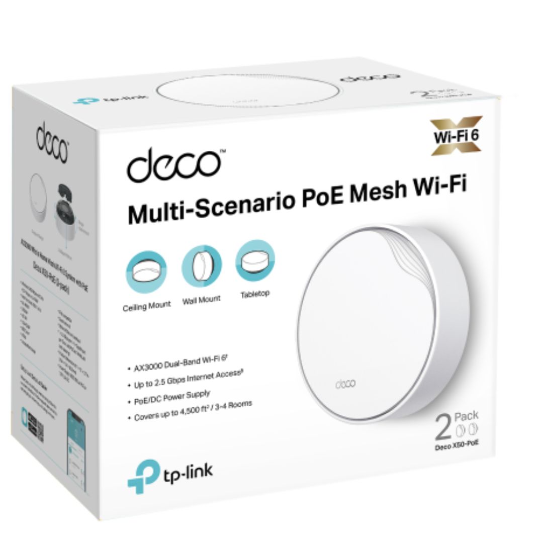 TP-Link Deco X50-PoE 2-Pack AX3000 Whole Home Mesh WiFi 6 System with PoE, 2402 Mbps (5 GHz) + 574 Mbps (2.4 GHz), Multi-Gig 2.5 Gbps Ethernet
