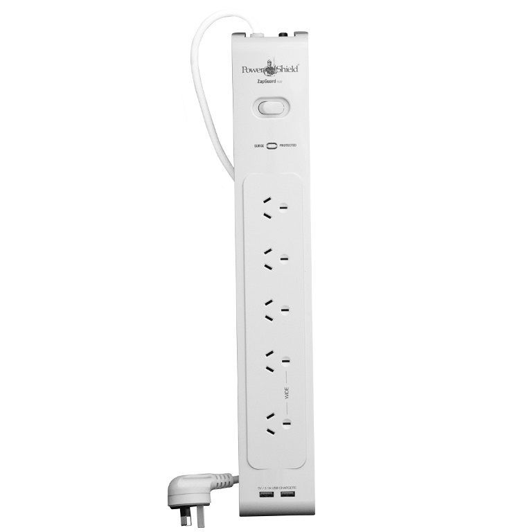 PowerShield PSZ5U2 ZapGuard 5 Way Power Surge Filter Board with 2 USB Ports & Wide Spaced Sockets, Wall Mountable, 1,400 Joules Protection