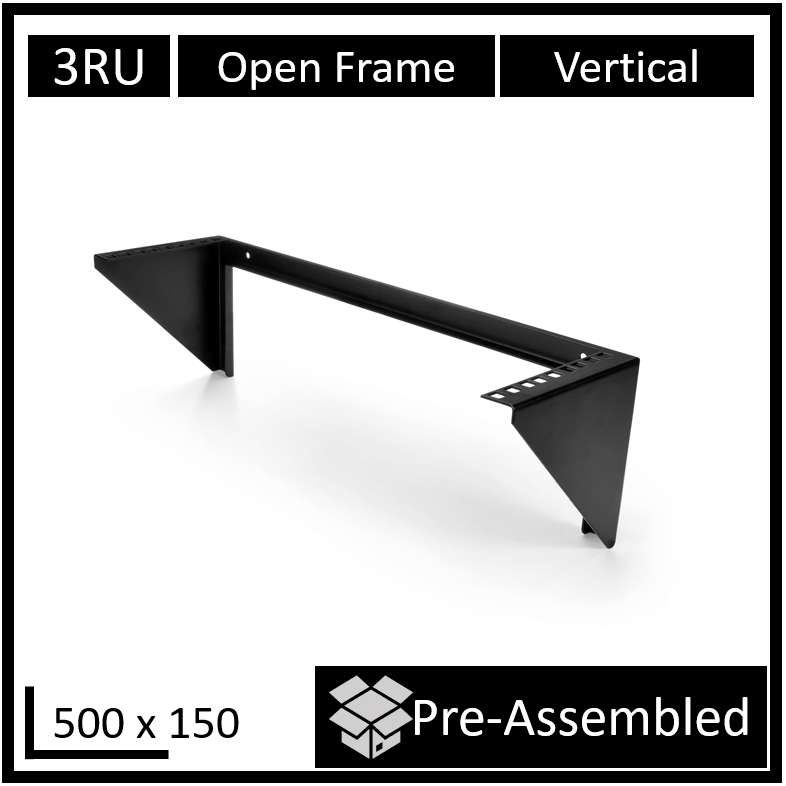 LDR Open Frame 3U Vertical Wall Mount Frame 500mm x 150mm Black Metal Construction Rack