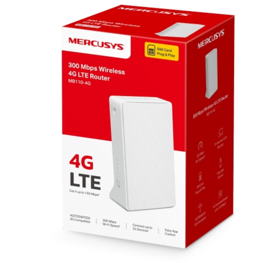 Mercusys MB110-4G 300 Mbps Wireless N 4G LTE Router with SIM Slot, Dual External Antennas, LAN/WAN Port & Mobile App Management