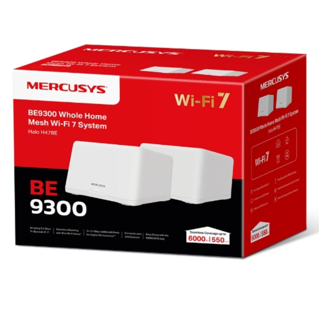 Mercusys Halo H47BE (2-pack) BE9300 Tri-Band Whole Home Mesh Wi-Fi 7 System, 9214 Mbps Speeds, Up to 550m² Coverage