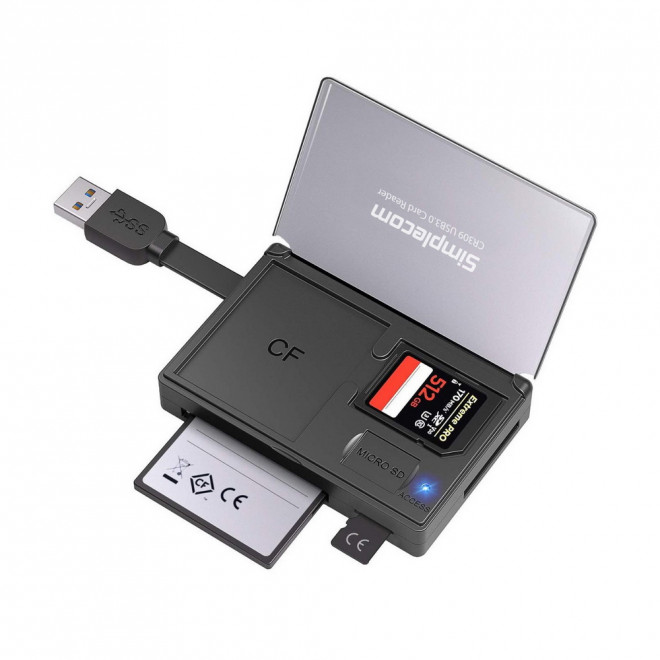 Simplecom CR309 USB 3.0 SuperSpeed 3-Slot Card Reader with Built-in Storage Case for SD, MicroSD, and CF Cards
