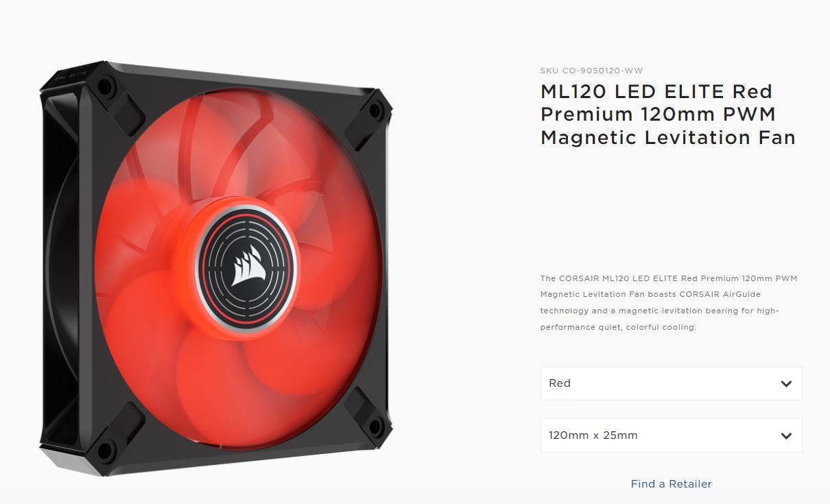 Corsair ML120 LED ELITE 120mm Magnetic Levitation Fan with Red LEDs and AirGuide Technology - High Static Pressure PWM Cooling Fan