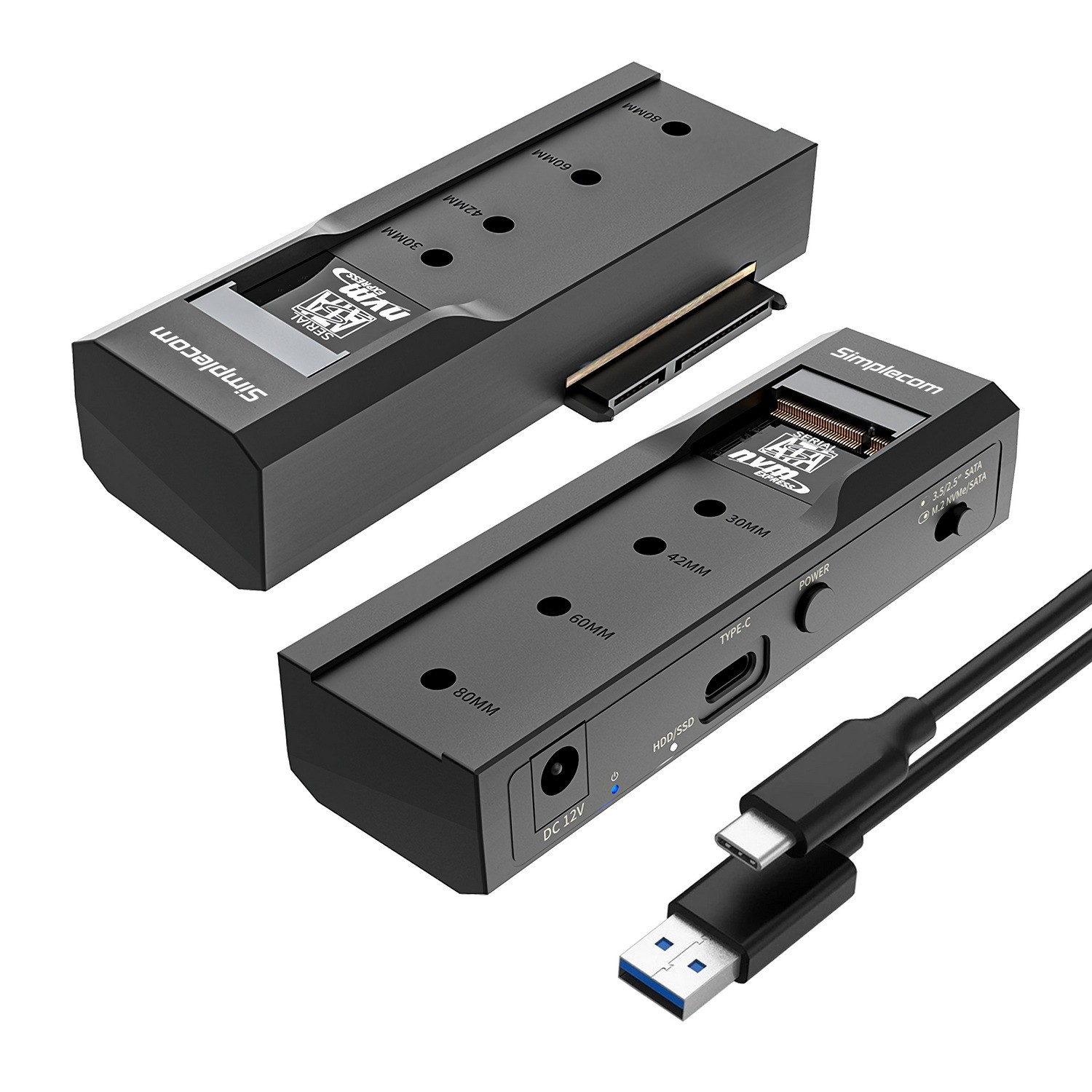 Simplecom SA536 USB 3.2 Gen 2 10Gbps 2-IN-1 USB-C Adapter for M.2 NVMe/SATA SSD & 2.5"/3.5" SATA HDD with External Power