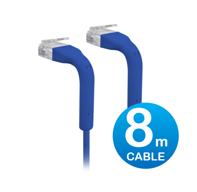 UniFi 8m Blue Cat6 Ultra-Thin RJ45 Ethernet Patch Cable with Bendable 90° Boot, 3mm Diameter, Gigabit & PoE++ Support