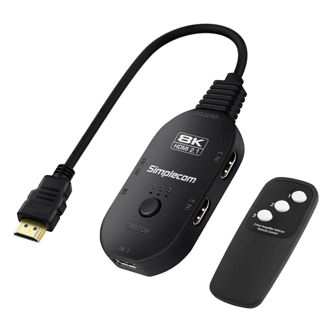 Simplecom CM353 3-Port HDMI 2.1 Switch - 8K@60Hz, 48Gbps Bandwidth, HDCP 2.3, Remote Control, 3 IN 1 OUT Splitter
