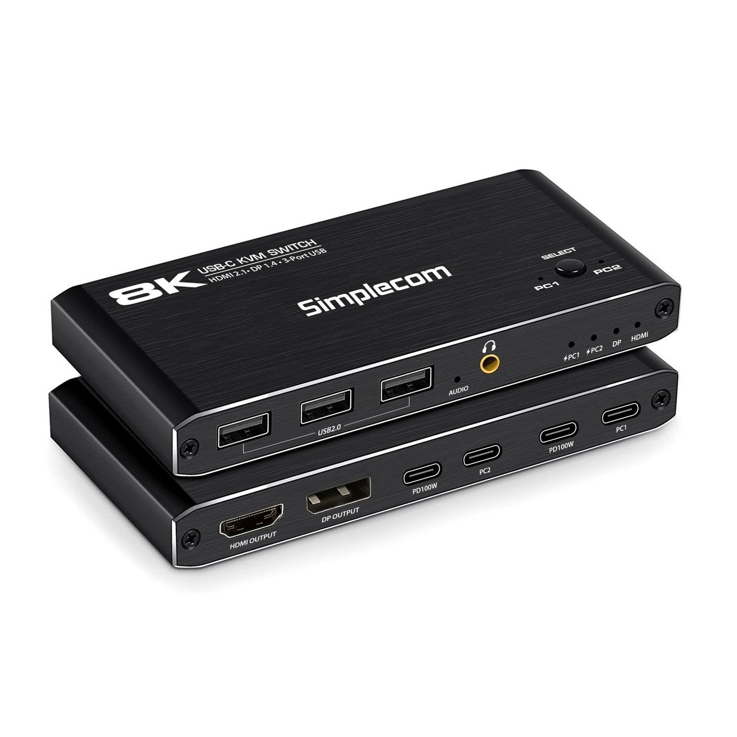 Simplecom KM470 2-Port USB-C KVM Switch 8K Docking Station with HDMI 2.1 & DP 1.4 for Laptop and Tablet