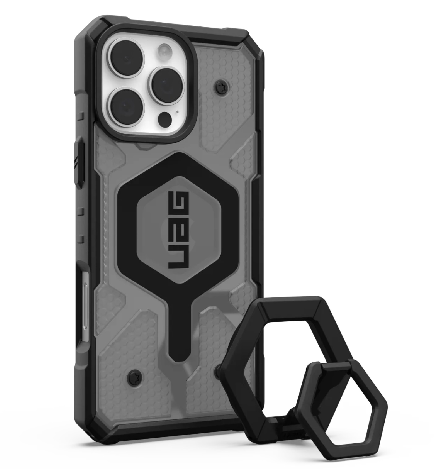 UAG Pathfinder Clear MagSafe Rugged Case with Black Ring Stand for Apple iPhone 16 Pro Max 6.9" – Impact Resistant, Lightweight, Transparent Ash Finish