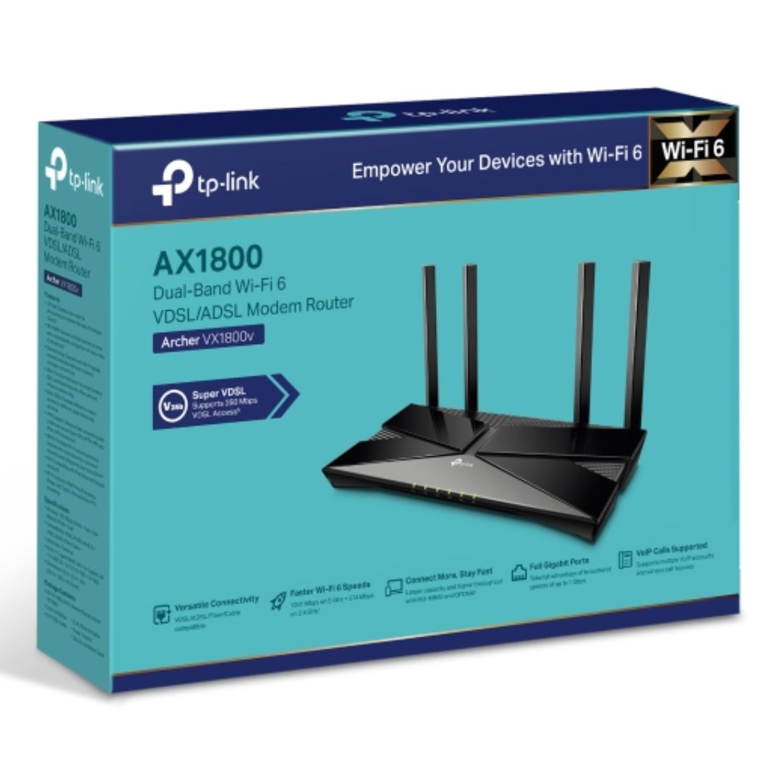 TP-Link Archer VX1800v AX1800 Dual-Band Wi-Fi 6 VDSL/ADSL Modem Router with VoIP, Gigabit Ethernet, USB 2.0, and Advanced VPN Features