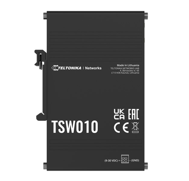 Teltonika TSW010 Industrial DIN Rail Ethernet Switch - 5x 10/100 Mbps Ports, Plug & Play, Anodized Aluminium Housing, Wide Voltage Range