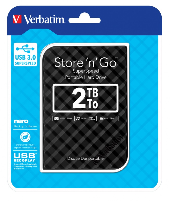 Verbatim 2TB 2.5 Inch USB 3.0 Portable External Hard Drive Store'n'Go Grid Design with Nero Backup Software