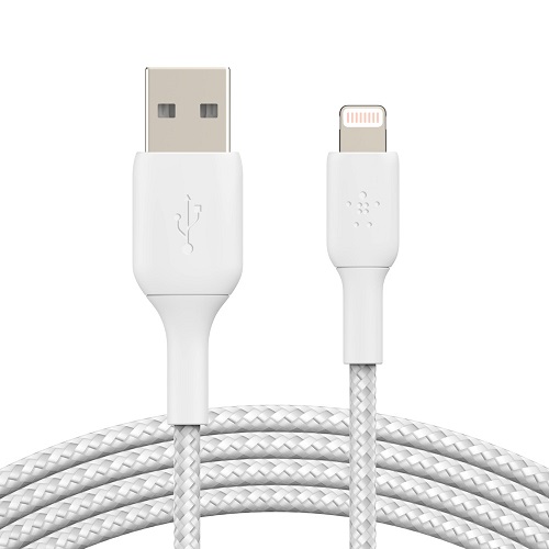 Belkin BoostCharge Braided Lightning to USB-A Cable 1M White - MFi Certified, 12W Charging, 480Mbps Data, Durable Nylon, 30K+ Bends