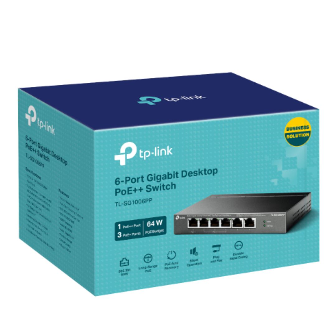 TP-Link TL-SG1006PP 6-Port Gigabit Desktop Switch with 3-Port PoE+ and 1-Port PoE++ - 64W PoE Budget, 250m Extend Mode, Fanless Metal Case