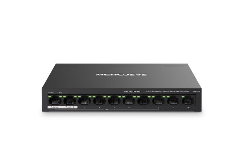 Mercusys MS110P 10-Port 10/100Mbps Desktop Switch with 8-Port PoE+, 65W Power Budget, Extend Mode up to 250m, Isolation Mode