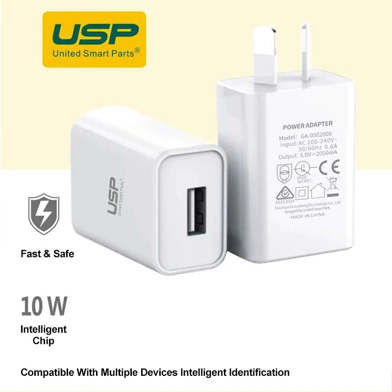 USP 10W USB-A Fast Wall Charger White with Intelligent Smart Charging, 5V/2A Output, Australian Plug, Slim Design