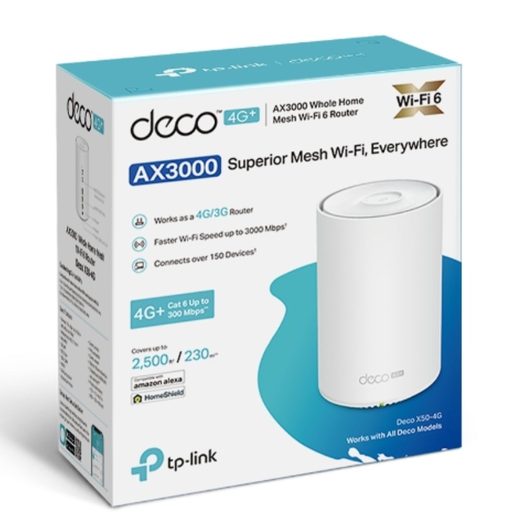 TP-Link Deco X50-4G AX3000 4G+ LTE Advanced Mesh Wi-Fi 6 Router - Whole Home Coverage, Built-in 300Mbps 4G+ Modem, 3 Gigabit Ethernet Ports