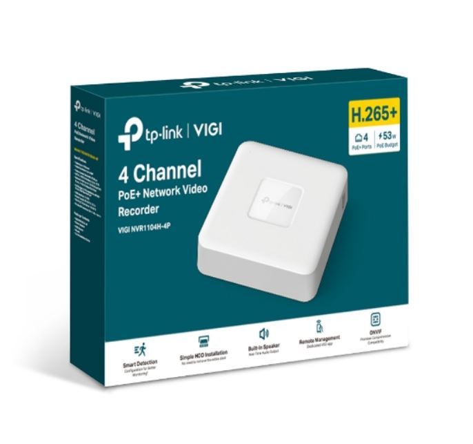 TP-Link VIGI NVR1104H-4P 4-Channel PoE+ Network Video Recorder with 4K HDMI Output, 16MP Decoding, 24/7 Continuous Recording, Supports Up to 10TB HDD