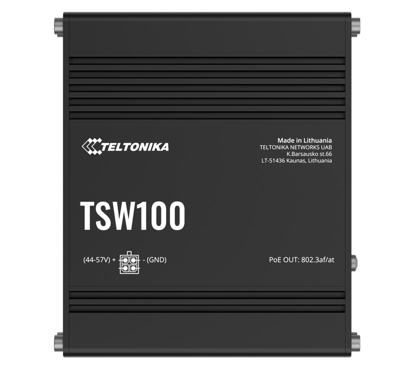Teltonika TSW100 Industrial POE+ Ethernet Switch with 4 PoE+ Ports, 5 Gigabit Ethernet RJ45 Ports, 120W PoE Power Budget, PSU Included