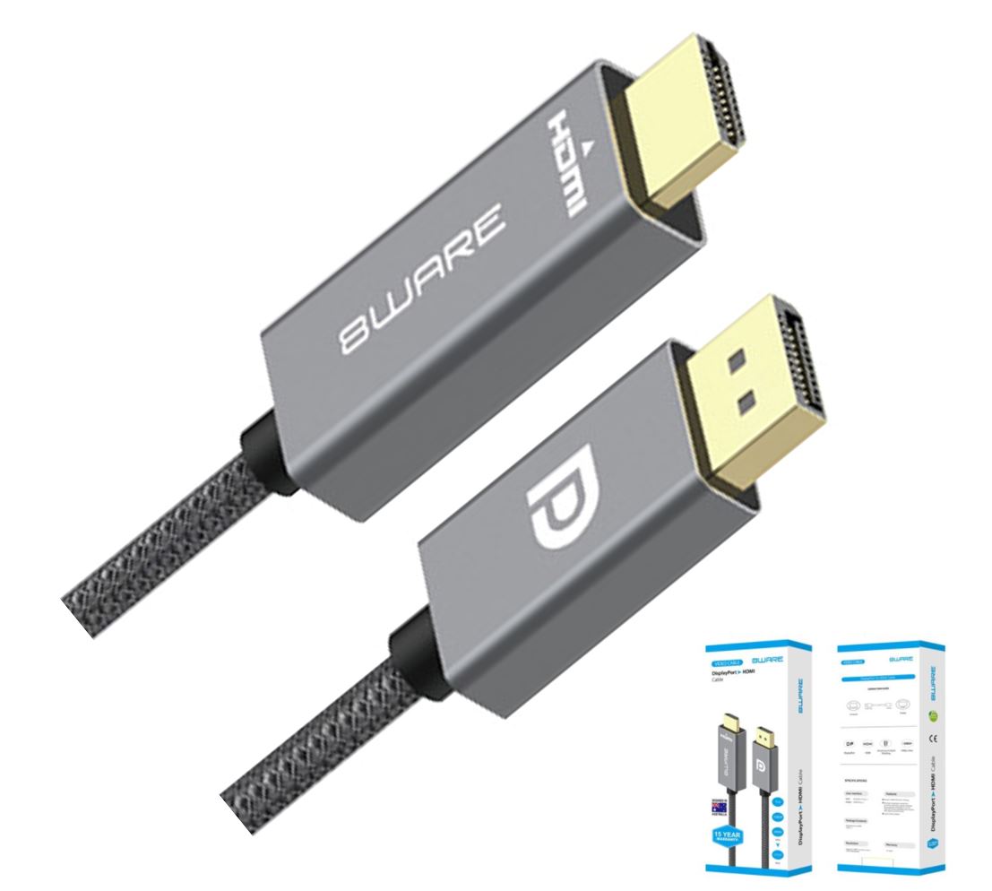 8ware 2m DisplayPort to HDMI 1.4v Male to Male Adapter Cable 1080P Nylon Braided - DP to HDMI Converter for PC, Notebook, Monitor