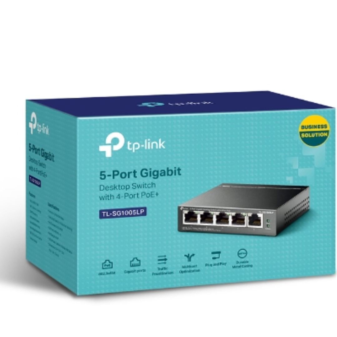 TP-Link TL-SG1005LP 5-Port Gigabit Desktop Switch with 4-Port PoE+ Up to 40W Power Budget - Unmanaged, Fanless, QoS, IGMP Snooping