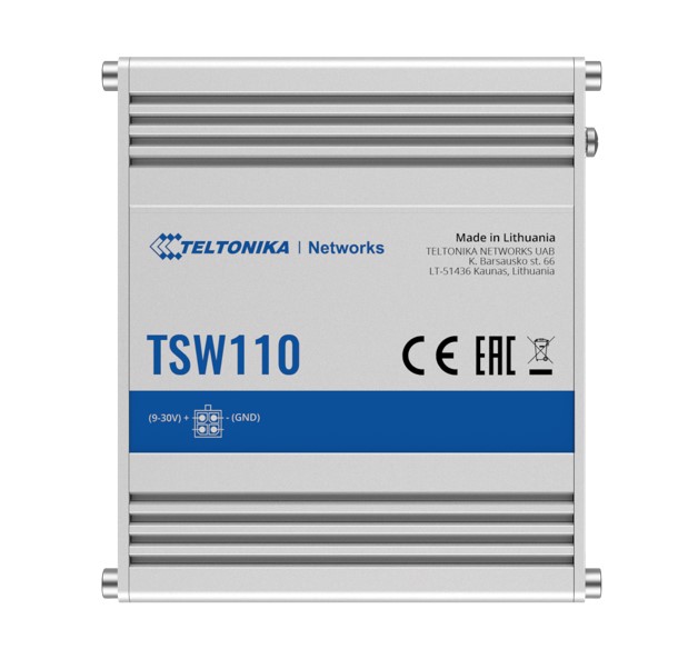 Teltonika TSW110 Unmanaged L2 Ethernet Switch with 5 Gigabit Ports, 9–30 VDC Power Input, Rugged Aluminium Housing, DIN-Rail Mount