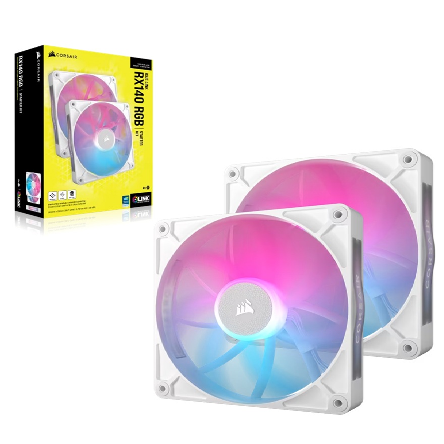 Corsair RX140 RGB White ICUE Link 140mm PWM Dual Fan Kit with iCUE LINK Hub and RGB Lighting
