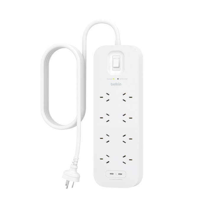 Belkin Connect 8-Outlet Surge Protector with Dual USB-C 30W PD Ports, 2M Cord, 900 Joules Protection, White SRB004AU2M