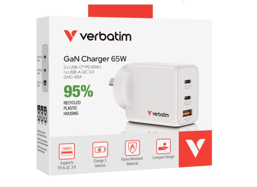 Verbatim 65W 3-Port Portable GaN Charger - 2x USB-C PD (65W total) & 1x USB-A QC 3.0 - Compact Eco-Friendly Travel Charger