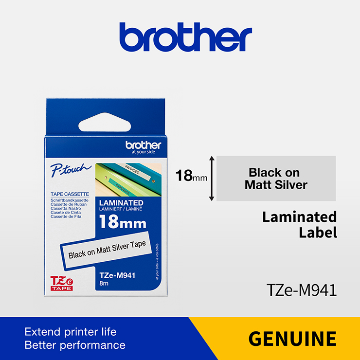 Brother TZe-M941 18mm Black on Silver Matt Laminated Label Tape Cartridge - Durable for Indoor & Outdoor Use, Compatible with P-touch Label Makers