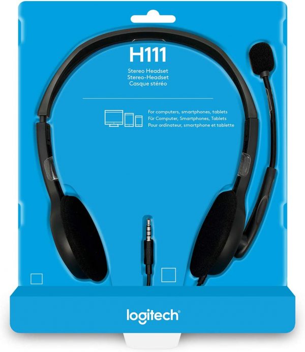 Logitech H111 Stereo Headset with Single 3.5mm Jack, 7.71ft Cable, Adjustable Headband & Rotating Microphone