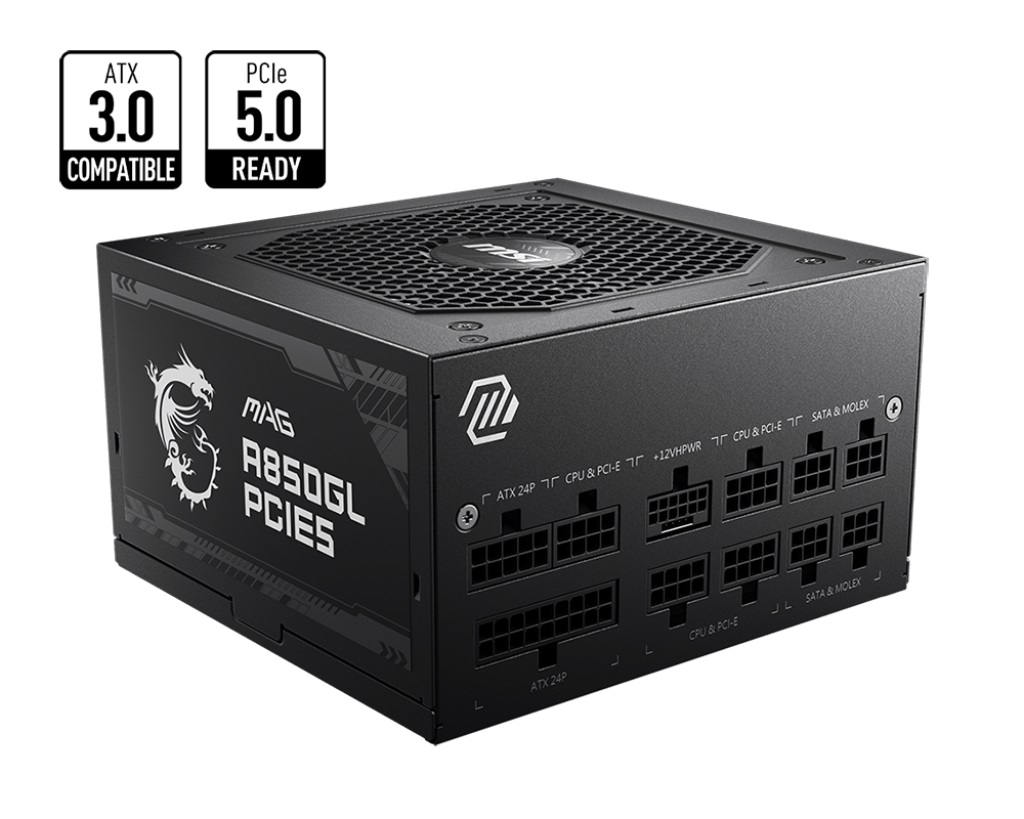 MSI MAG A850GL PCIE5 850W ATX 3.0 Power Supply 80 Plus Gold Certified Full Modular with PCIe 5.0 Connector