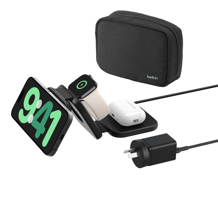 Belkin BoostCharge Pro 3-in-1 Magnetic Qi2 Wireless Travel Pad with 36W USB-C Charger & 1.5m USB-C Cable – 15W Fast Wireless Charging for iPhone, Apple Watch & AirPods