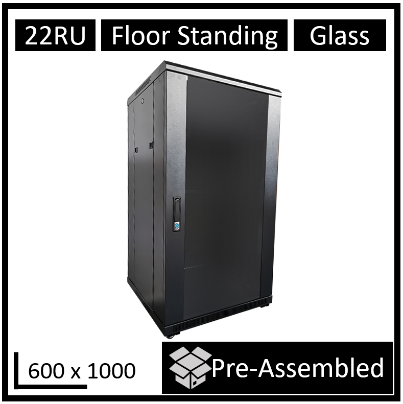 LDR Assembled 22U Server Rack Cabinet 600x1000x1070mm Glass Door, 8-Port PDU, 4-Way Fan, 2 Fixed Shelves - Black Metal