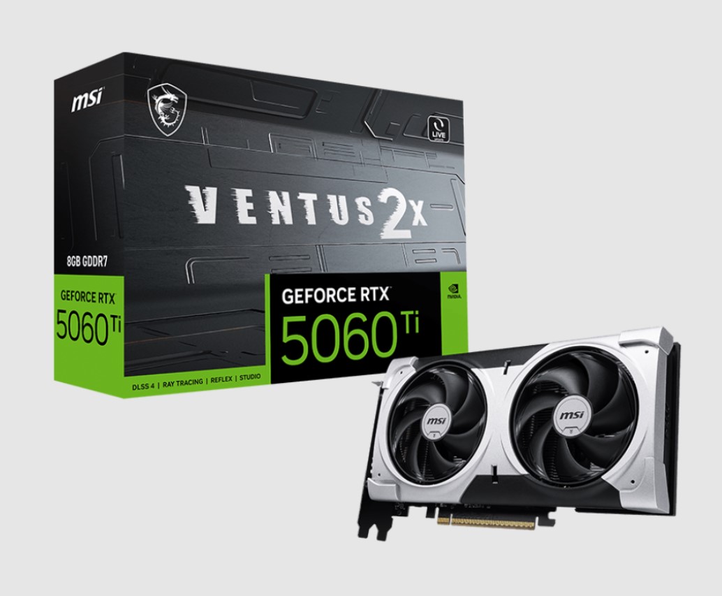 MSI GeForce RTX 5060 Ti 8G VENTUS 2X PLUS Graphics Card – 8GB GDDR7, 4608 CUDA Cores, PCIe Gen 5 x16 (x8), Boost 2572MHz, HDMI 2.1 & DisplayPort 2.1b