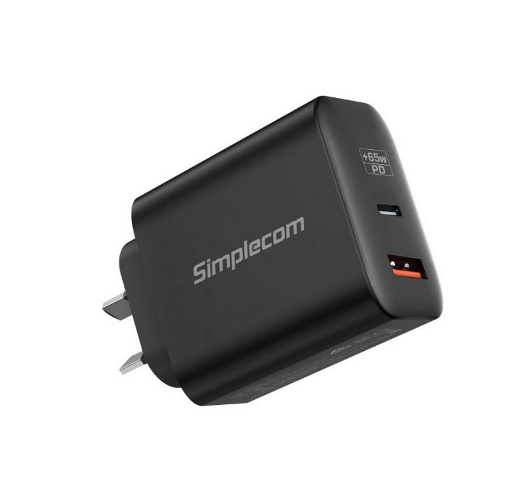 Simplecom CU265 Dual Port 65W GaN Fast Wall Charger USB-C PD & USB-A for Phone Laptop