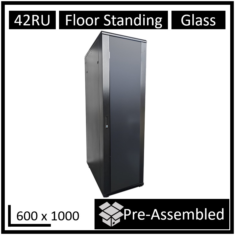 LDR 42U Server Rack Cabinet 600mm x 1000mm with Glass Door, 8-Port PDU, 4-Way Fan & Fixed Shelves - Black Metal Frame