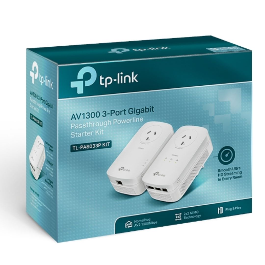 TP-Link TL-PA8033P KIT AV1300 Passthrough Powerline Adapter Kit with 3 Gigabit Ports, 1300Mbps, 2x2 MIMO, HomePlug AV2, Power-Saving Mode
