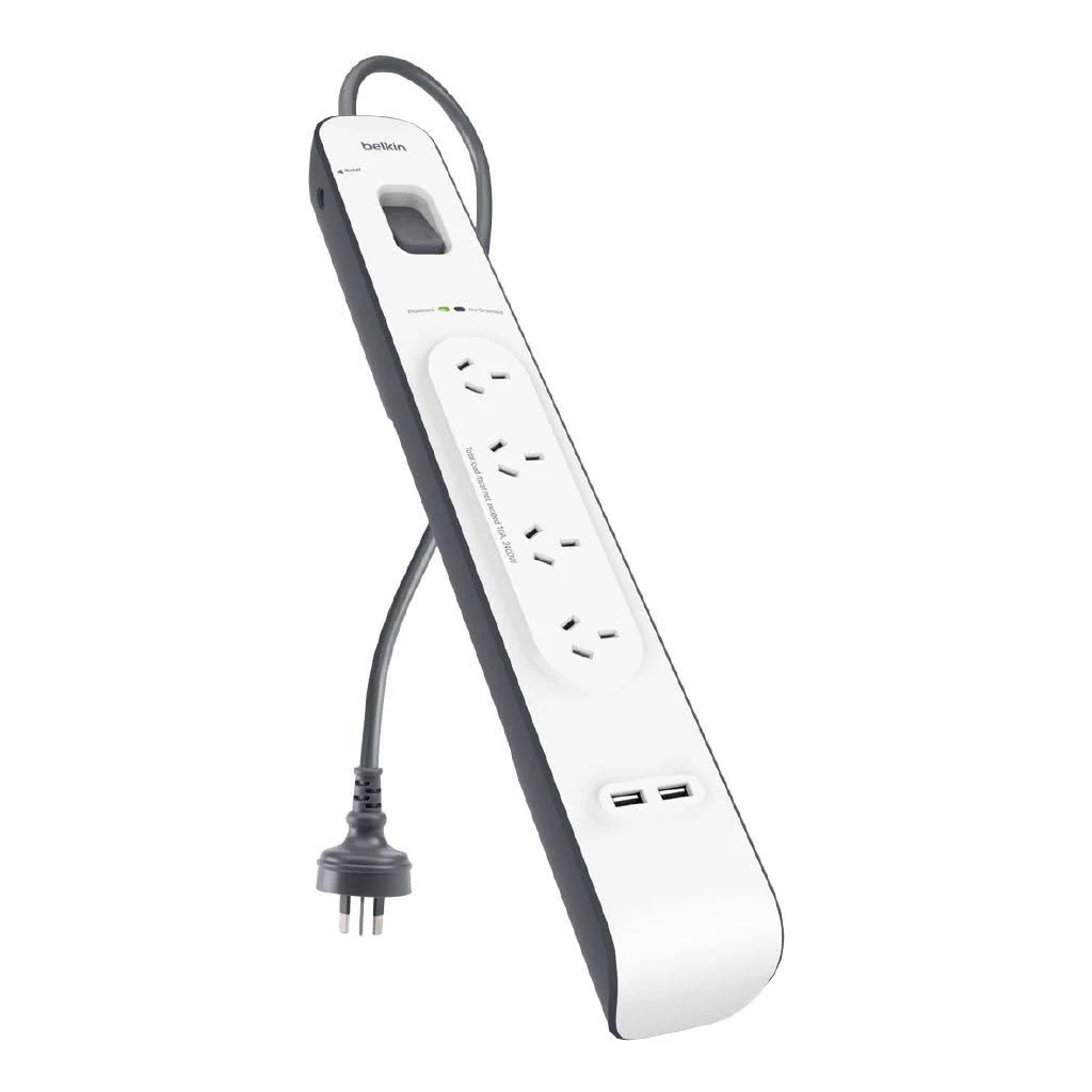Belkin SurgePlus 4-Outlet Surge Protection Strip with 2M Cord & 2.4A Dual USB Charging Ports – 525 Joules, White (BSV401au2M)