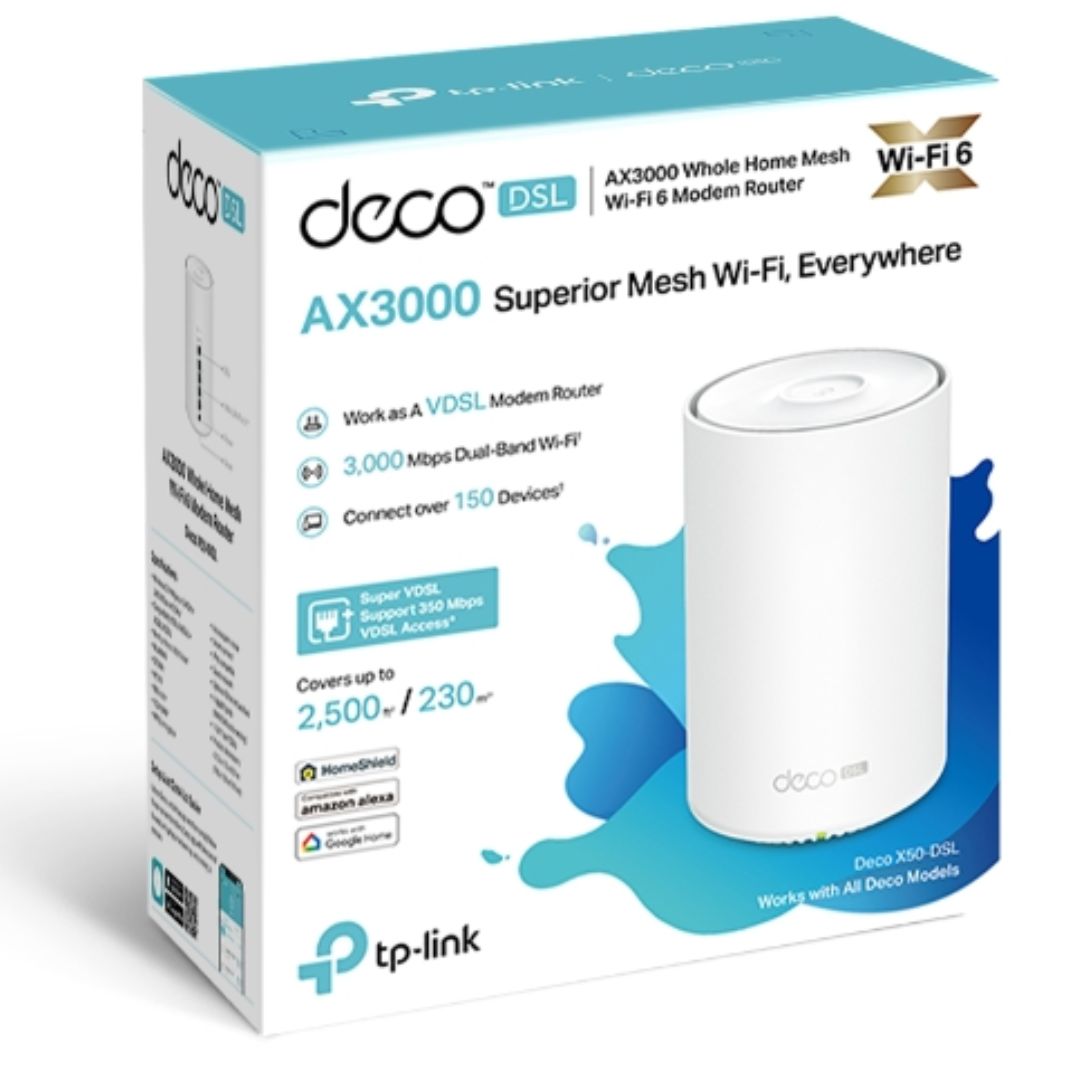 TP-Link Deco X50-DSL AX3000 VDSL Mesh WiFi 6 Router with Super VDSL2 Profile 35b - 2402 Mbps 5 GHz + 574 Mbps 2.4 GHz, 4 Gigabit Ethernet Ports
