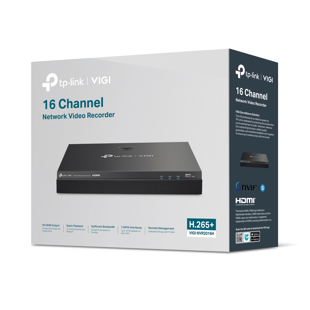 TP-Link VIGI NVR2016H 16 Channel 4K Network Video Recorder with H.265+ Compression, ONVIF Compatibility & 2-Way Audio