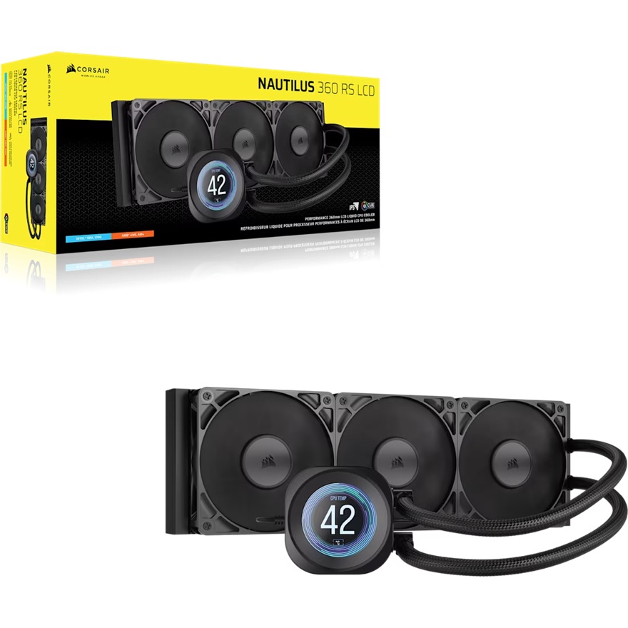 Corsair NAUTILUS 360 RS LCD Liquid CPU Cooler - 360mm Radiator, IPS LCD Pump Display, 3x RS120 PWM Fans, Compatible with Intel LGA 1851/1700 & AMD AM5/AM4