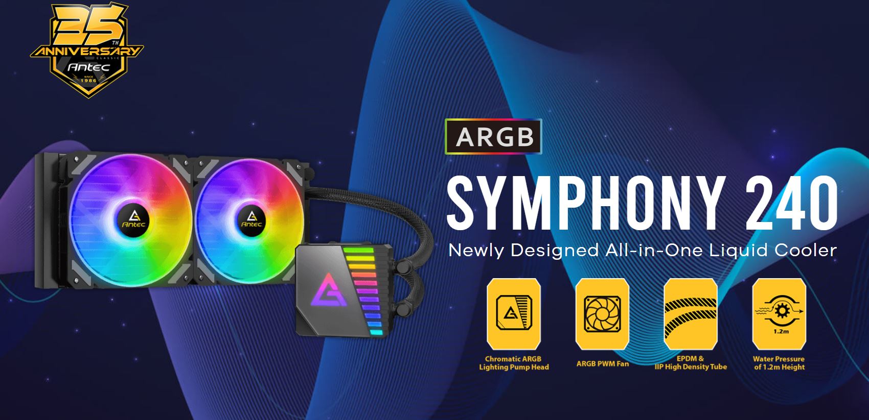 Antec SYMPHONY 240mm ARGB Advanced Liquid CPU Cooler with PWM Fan, PTFE Tubing, Compatible with Intel LGA 115x/1200/2011-v3/2066/1700 & AMD AM4/AM5 Sockets, 3-Year Warranty