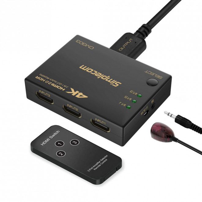 Simplecom CM303 Ultra HD 3 Way HDMI Switch 3 IN 1 OUT Splitter Supports 4K@60Hz, HDR10, 18Gbps Bandwidth with IR Remote Control