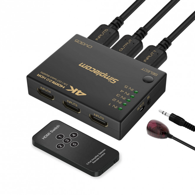 Simplecom CM305 Ultra HD 5 Way HDMI Switch 5 IN 1 OUT Splitter 4K@60Hz with Remote Control and Auto Switching
