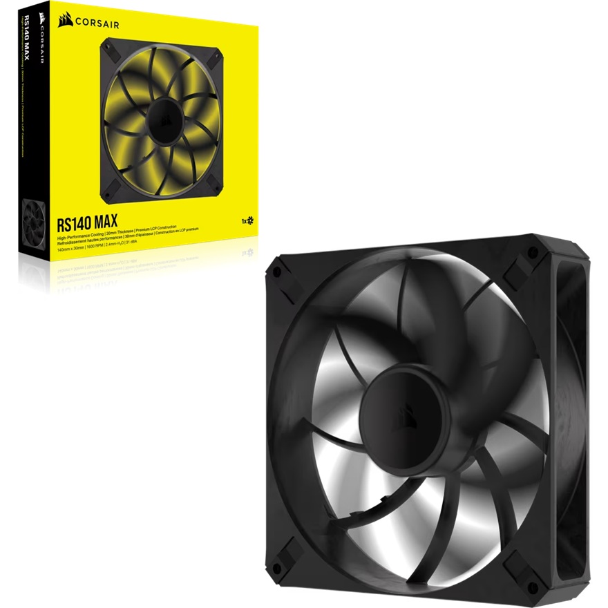 Corsair RS140 MAX 140mm PWM Thick Static Pressure Fan with Liquid Crystal Polymer Blades, 1600 RPM, 5-Year Warranty