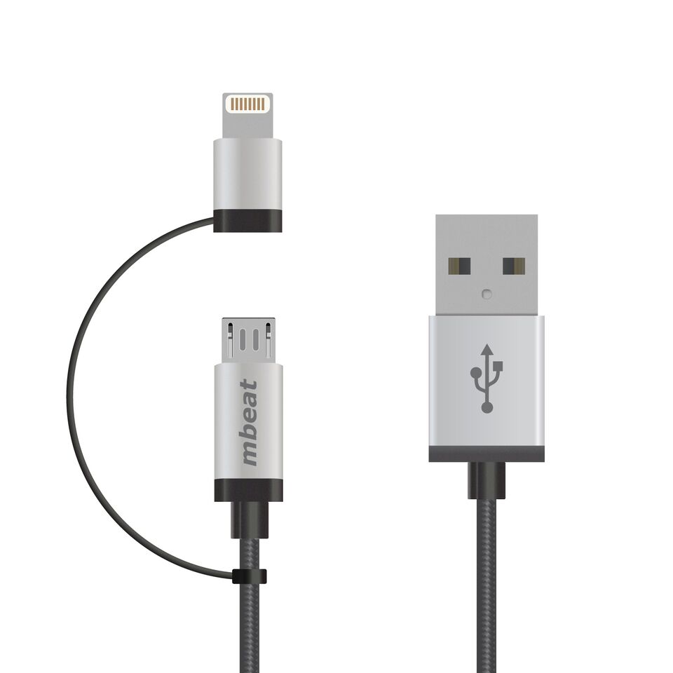 mbeat 2-in-1 MFi Certified 1m Nylon Braided Lightning & Micro USB Cable - Aluminum Crush-Proof Silver Connector, Data Sync & Charging for Apple & Android Devices