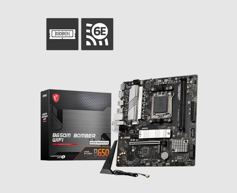 MSI B650M BOMBER WIFI AMD AM5 Micro-ATX Motherboard with 2x DDR5 128GB, PCIe 4.0 x16, Dual M.2, 4x SATA 6Gb/s, Wi-Fi & USB 3.2 Gen 1 Type-C