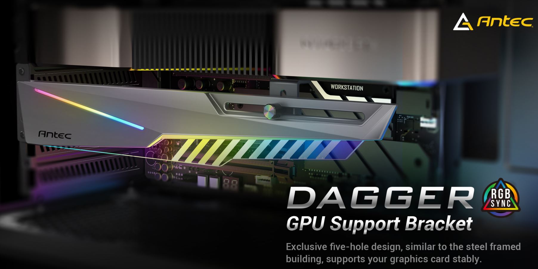 Antec GPU Bracket Dagger Black ARGB 5V 3-Pin – Adjustable Horizontal GPU Support 170-270mm for RTX 30/40 & RX 6000/7000 Series