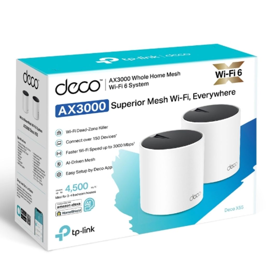 TP-Link Deco X55 (2-Pack) AX3000 Dual-Band Mesh WiFi 6 Router with Smart Antennas, MU-MIMO & HomeShield Security
