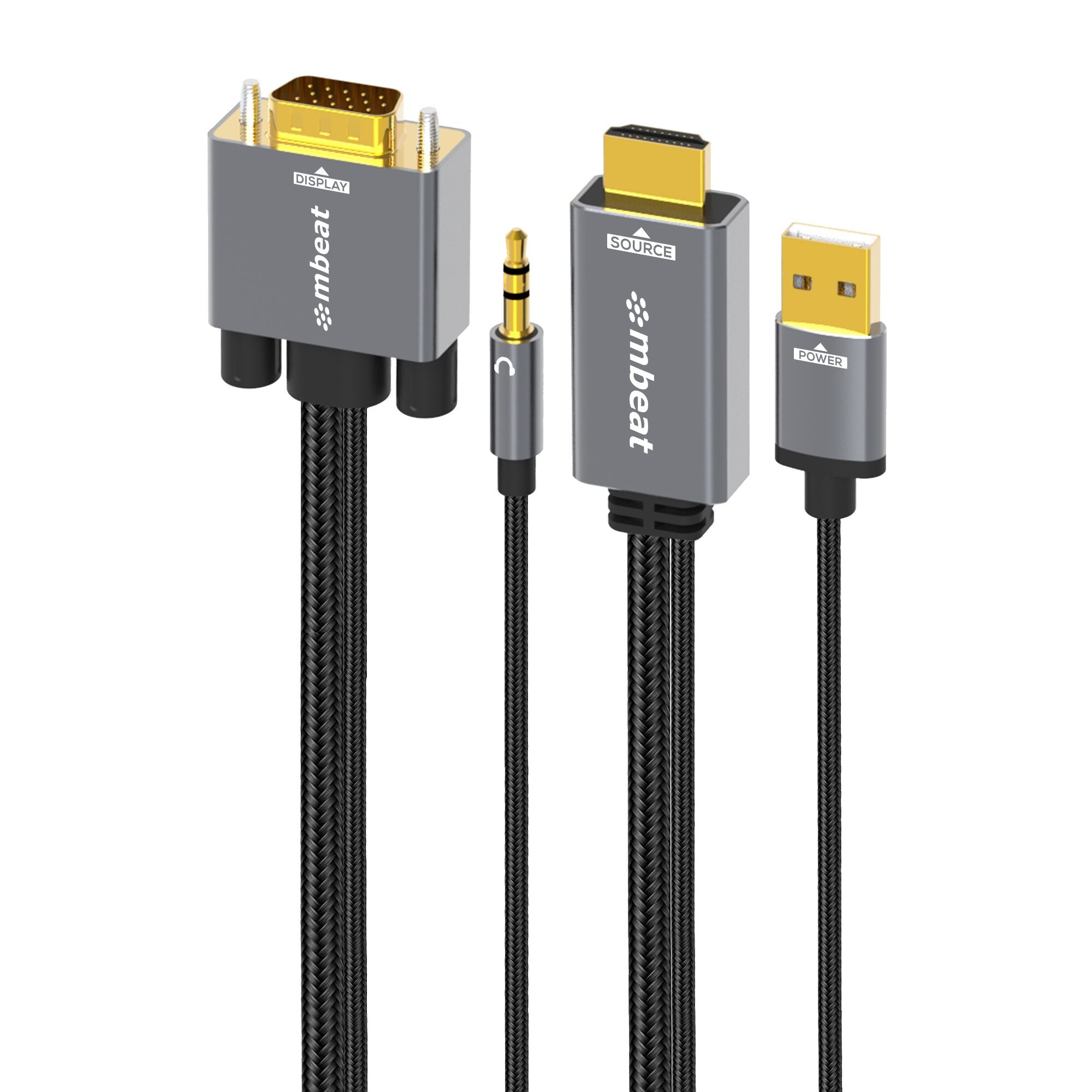 mbeat Tough Link 1.8m HDMI to VGA Adapter Cable with USB Power & 3.5mm Audio - 1080p@60Hz Support, Nylon Braided, Gold-Plated Connectors